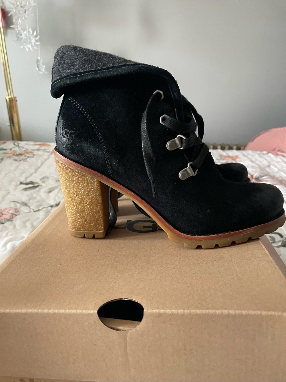UGG Black Suede Lace-Up Ankle Boots with Tan Block Heel